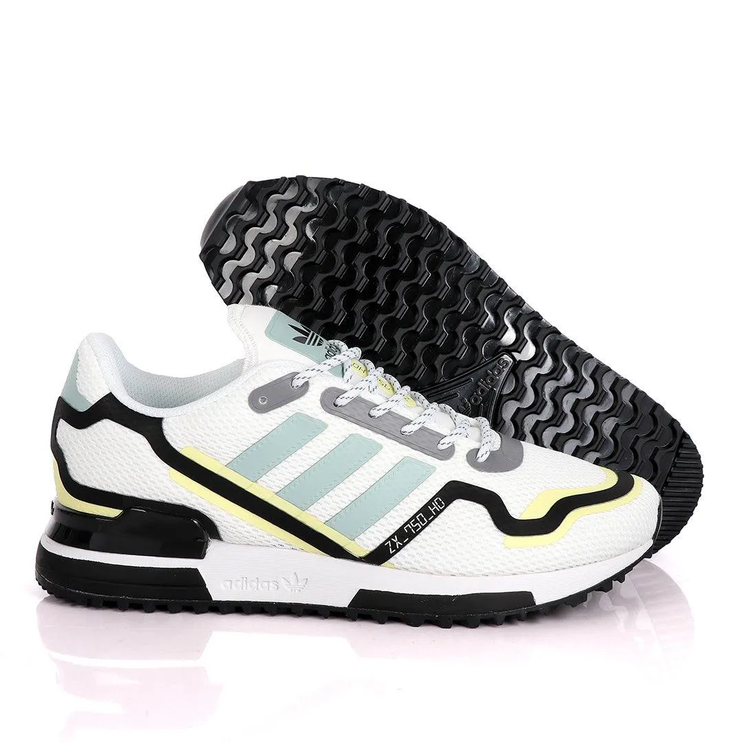 Adidas ZX 750 HD White Sneakers With Classic Yellow And Celeste Green Designs