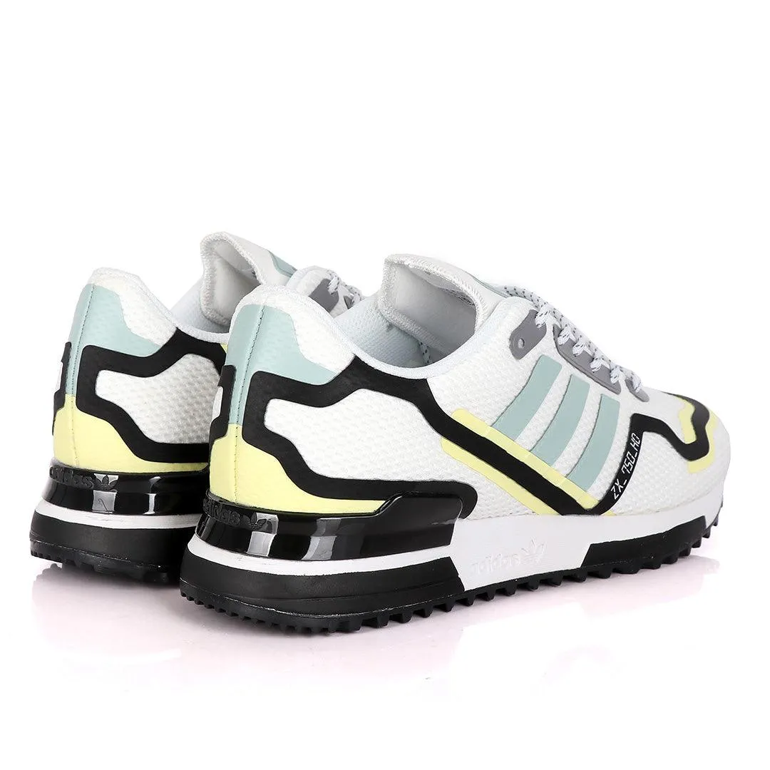 Adidas ZX 750 HD White Sneakers With Classic Yellow And Celeste Green Designs