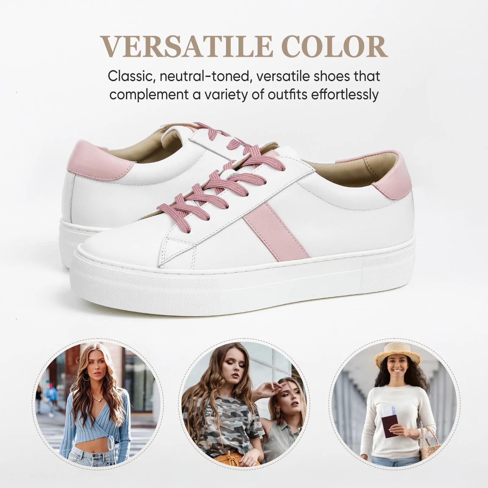 AiciBerllucci White/ Pink Calfskin Leather Upper & Cowhide Leather Lining-ZOY1-Women's Low-top Casual Fashion Sneakers Comfortable Authentic Leather Sneakers Breathable Lace Up Non-Slip Memory Foam