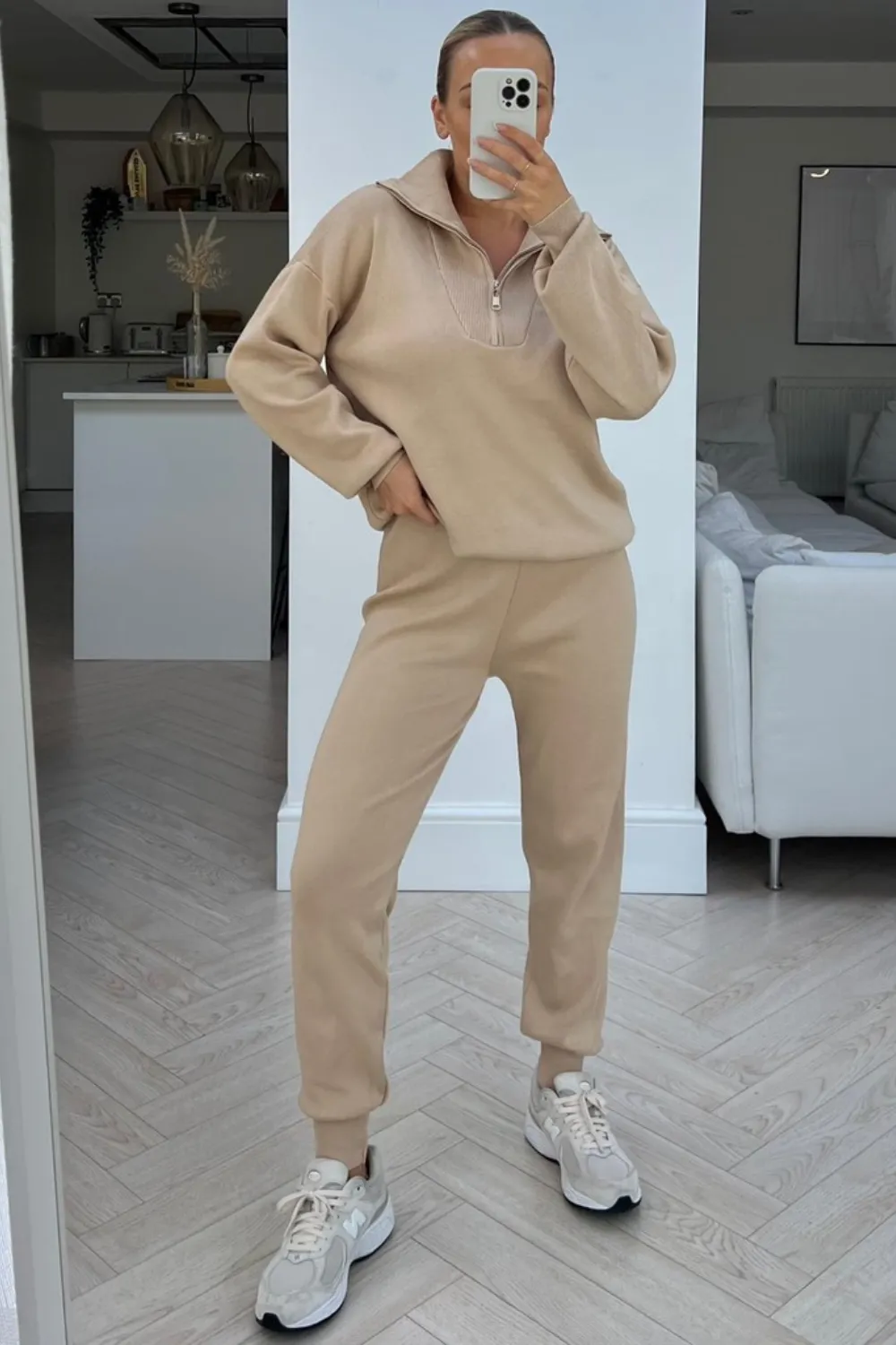 Bella beige long sleeve 1/4 zip neck loungewear set