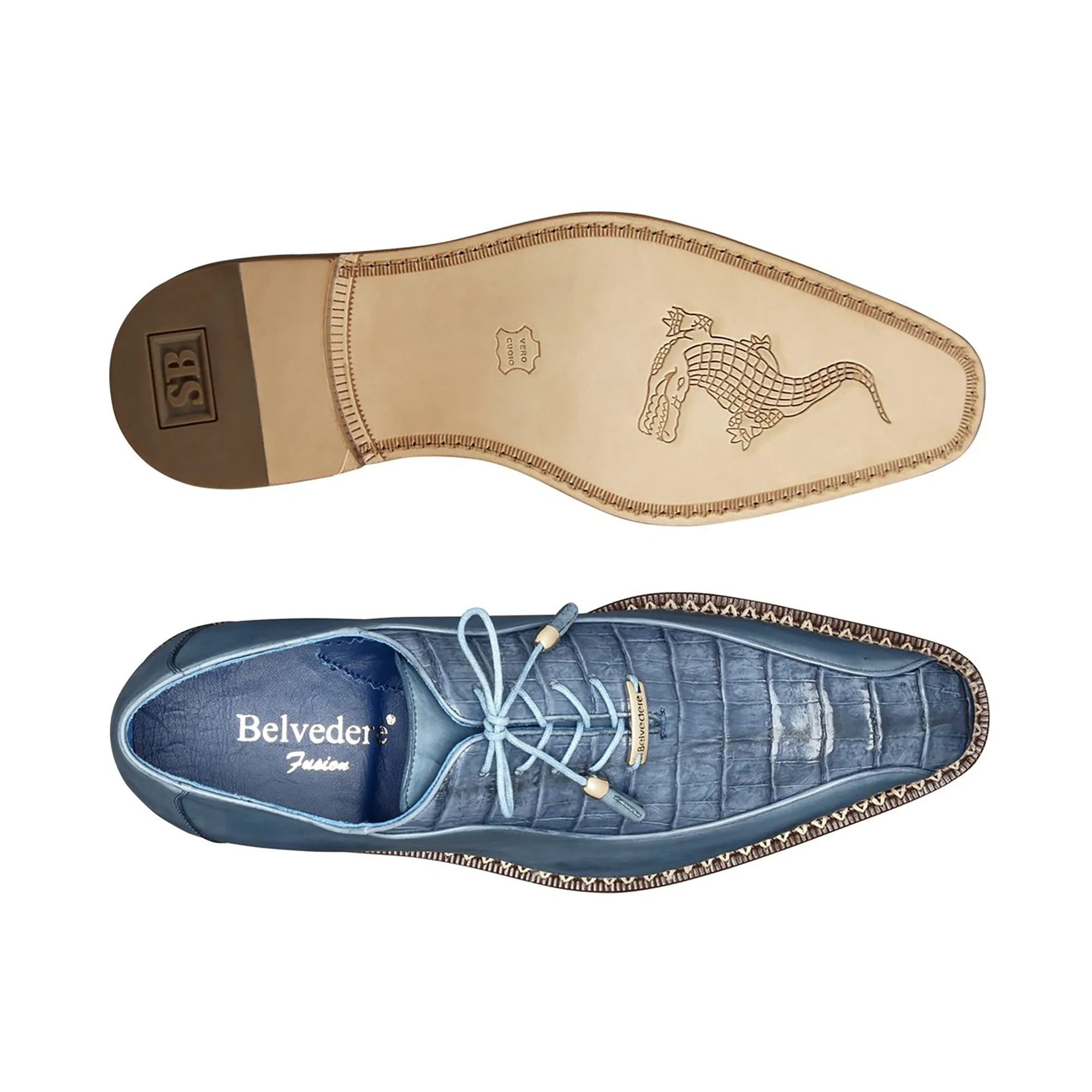 Belvedere Gabriele in Antique Blue Jean Caiman Crocodile & Calf-Skin Leather Oxfords