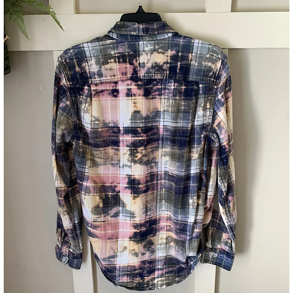 Bleached Blue & Olive Green Plaid Flannel