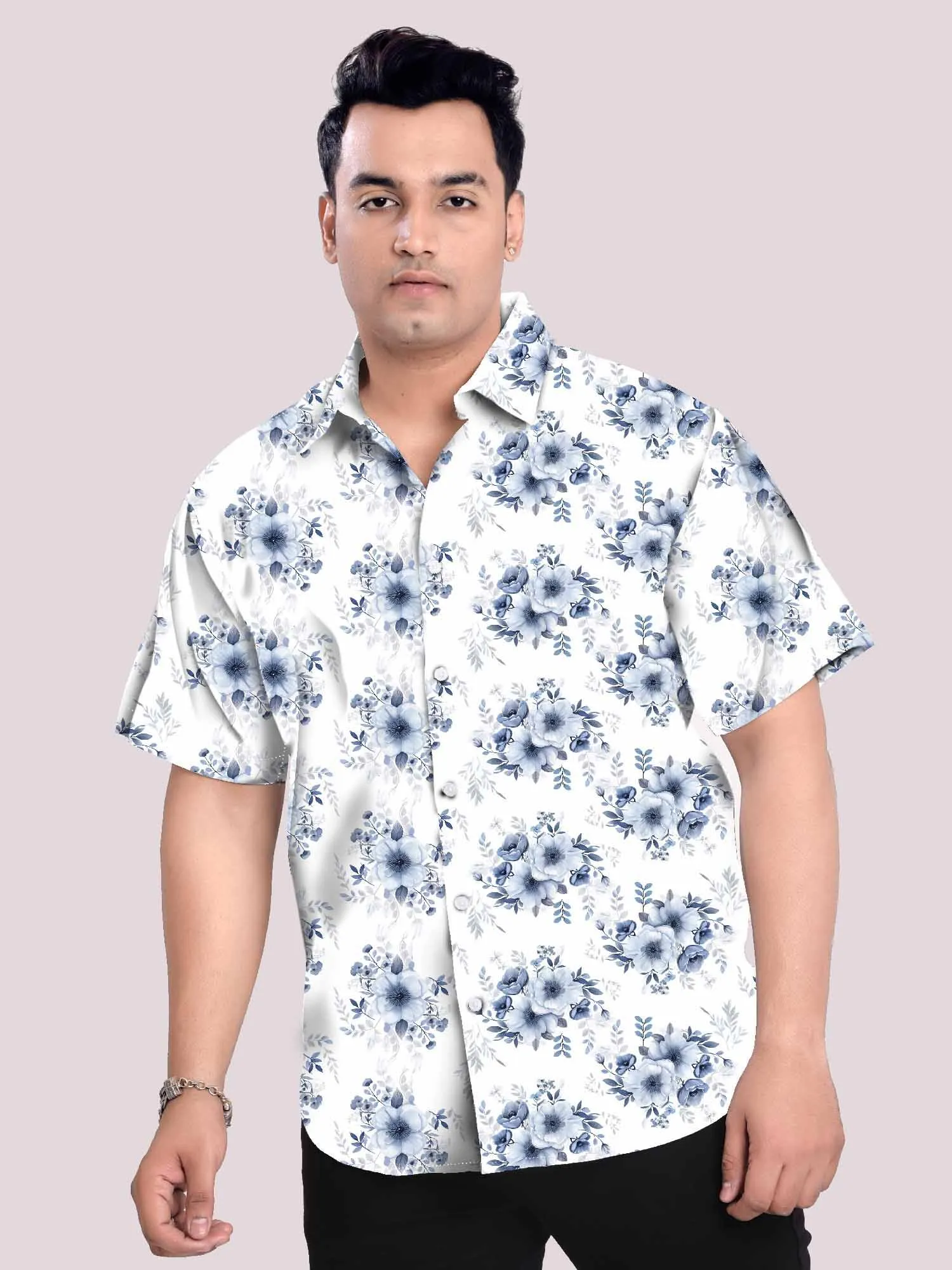 Blue Bloom Linen Printed Shirt Men's Plus Size