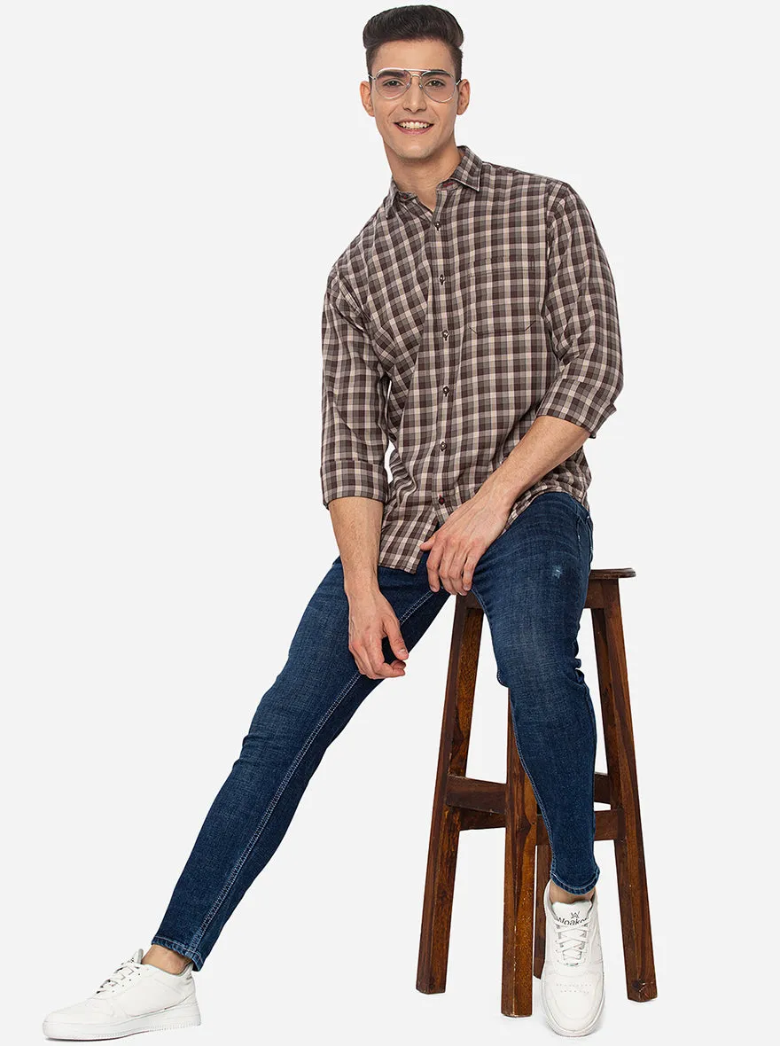 Brunette Brown Checked Classic Fit Casual Shirt | Greenfibre