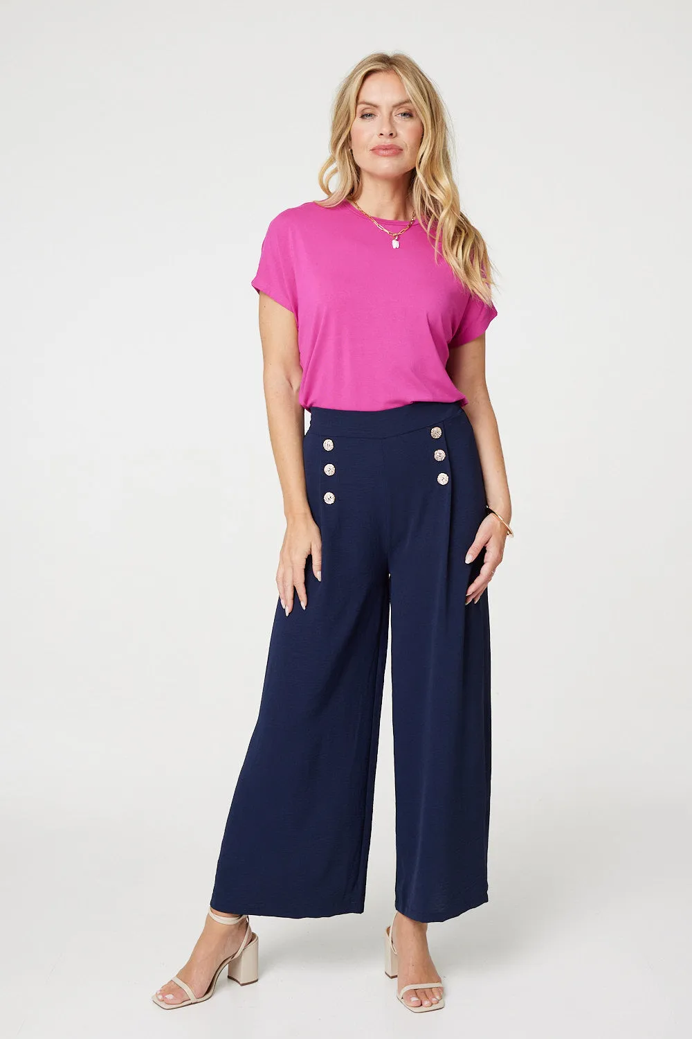 Button Detail Wide Leg Trousers