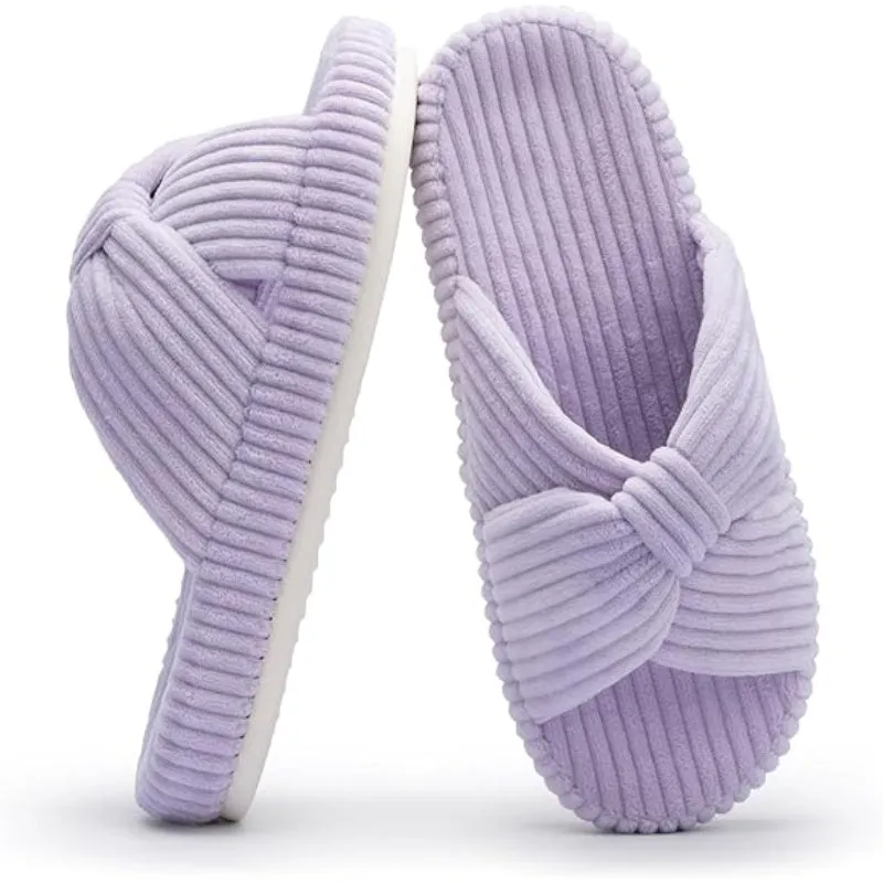 Corduroy Bow Crossbands Slip On Slippers