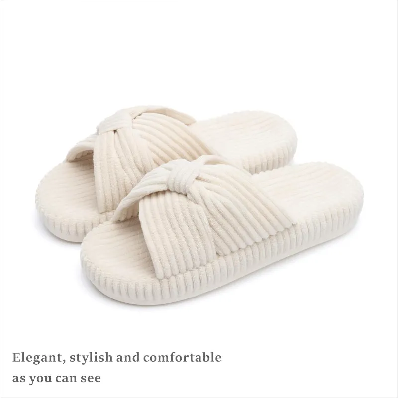 Corduroy Bow Crossbands Slip On Slippers