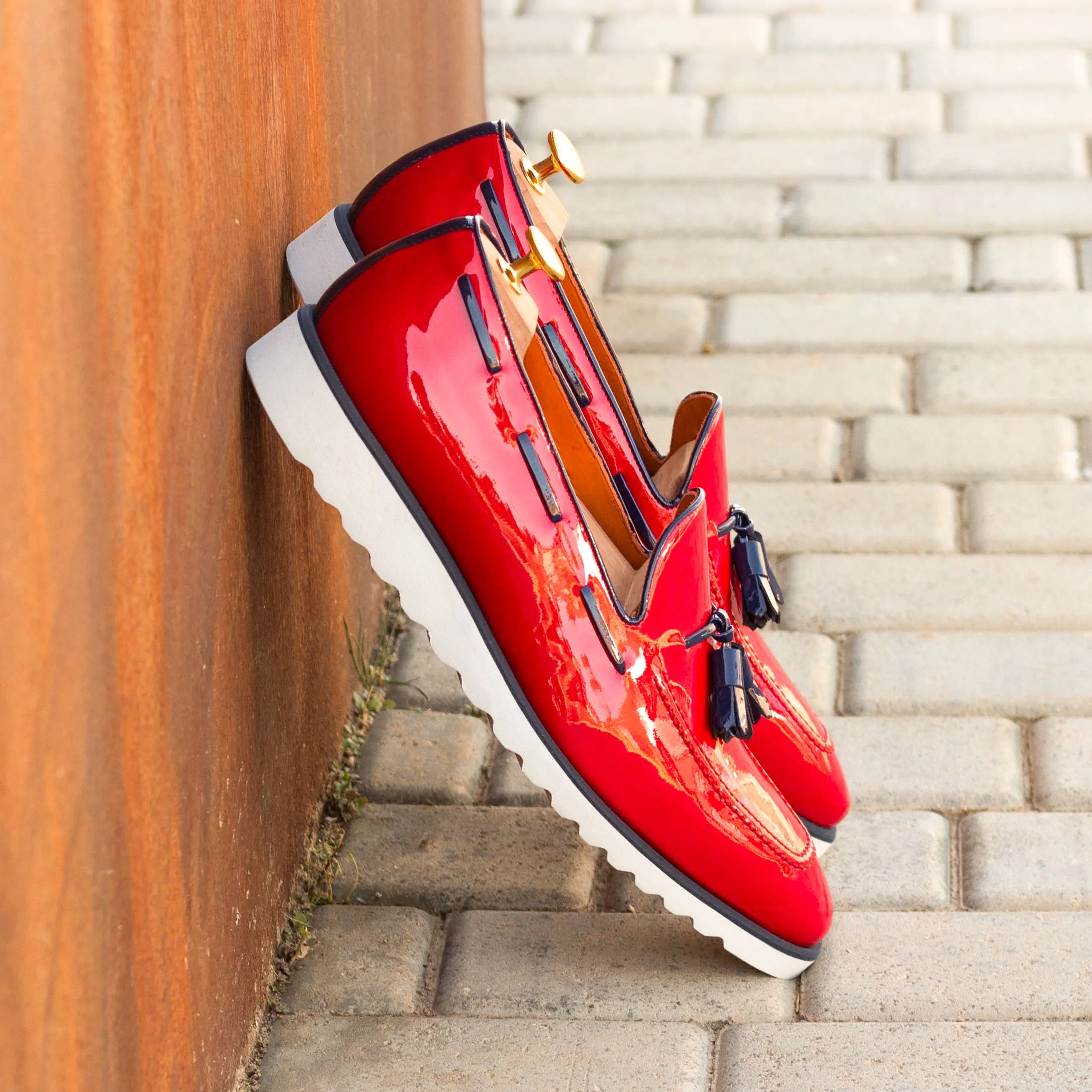 DapperFam Luciano in Red / Cobalt Blue Men's Italian Patent Leather Loafer