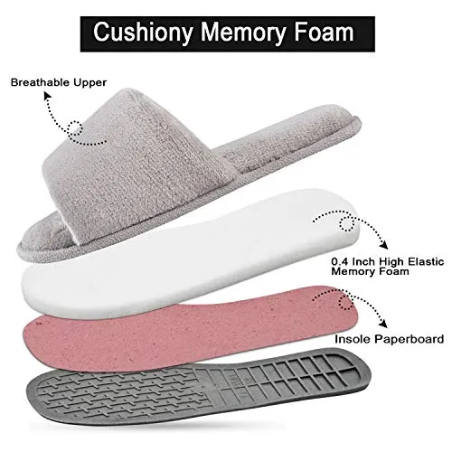 DL Open Toe Slippers for women Indoor, Cozy Memory Foam Womens House Slippers Summer Slip On, Comfy Soft Flannel Womens Bedroom Slippers Slide Breathable Size 7-8 Grey