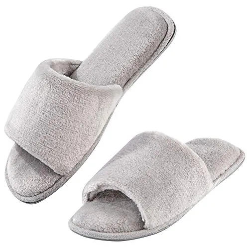 DL Open Toe Slippers for women Indoor, Cozy Memory Foam Womens House Slippers Summer Slip On, Comfy Soft Flannel Womens Bedroom Slippers Slide Breathable Size 7-8 Grey