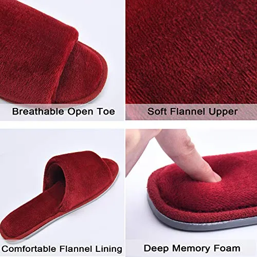 DL Open Toe Slippers for women Indoor, Cozy Memory Foam Womens House Slippers Summer Slip On, Comfy Soft Flannel Womens Bedroom Slippers Slide Breathable Size 7-8 Red Wine