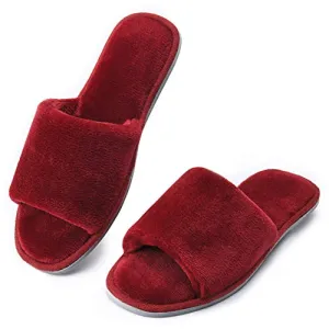 DL Open Toe Slippers for women Indoor, Cozy Memory Foam Womens House Slippers Summer Slip On, Comfy Soft Flannel Womens Bedroom Slippers Slide Breathable Size 7-8 Red Wine