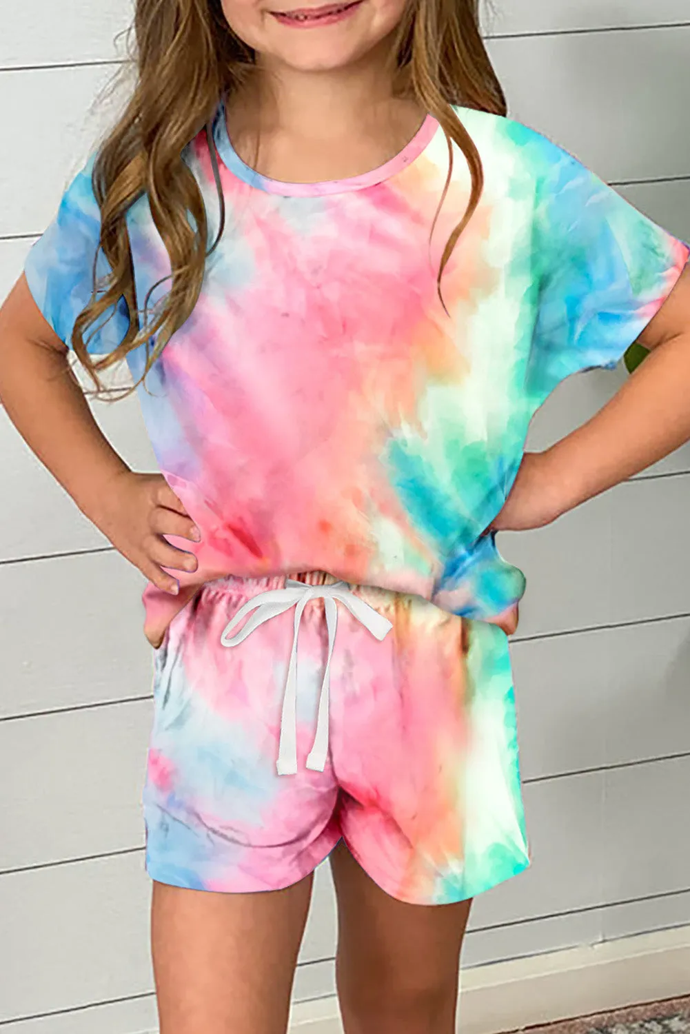 Drawstring Waist Short Sleeve Girls Tie Dye Romper