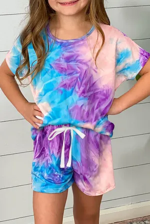 Drawstring Waist Short Sleeve Girls Tie Dye Romper