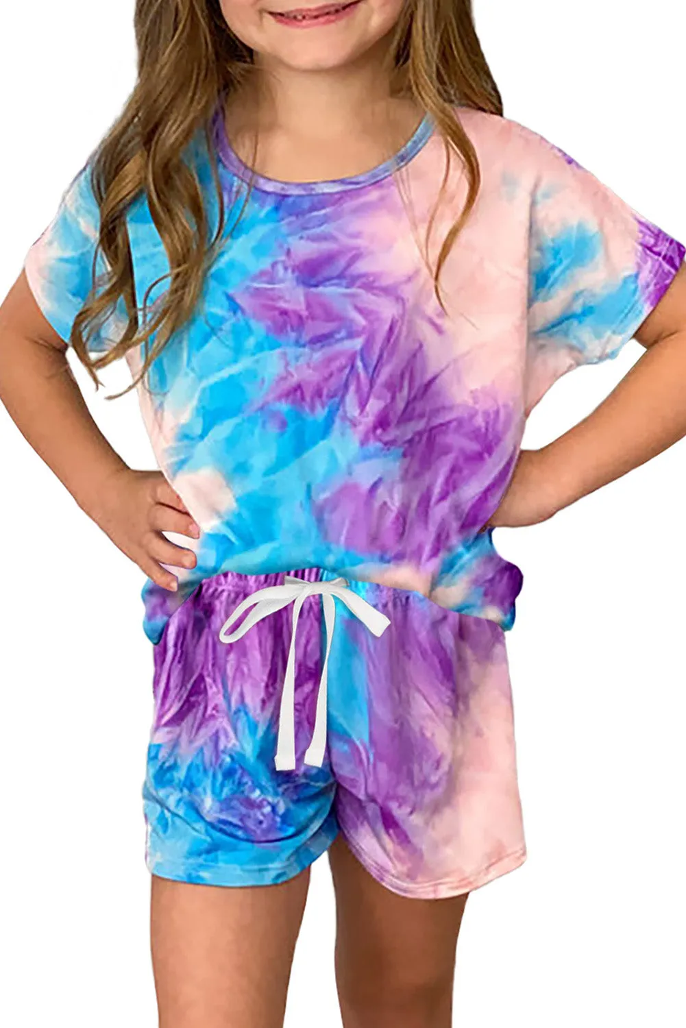 Drawstring Waist Short Sleeve Girls Tie Dye Romper