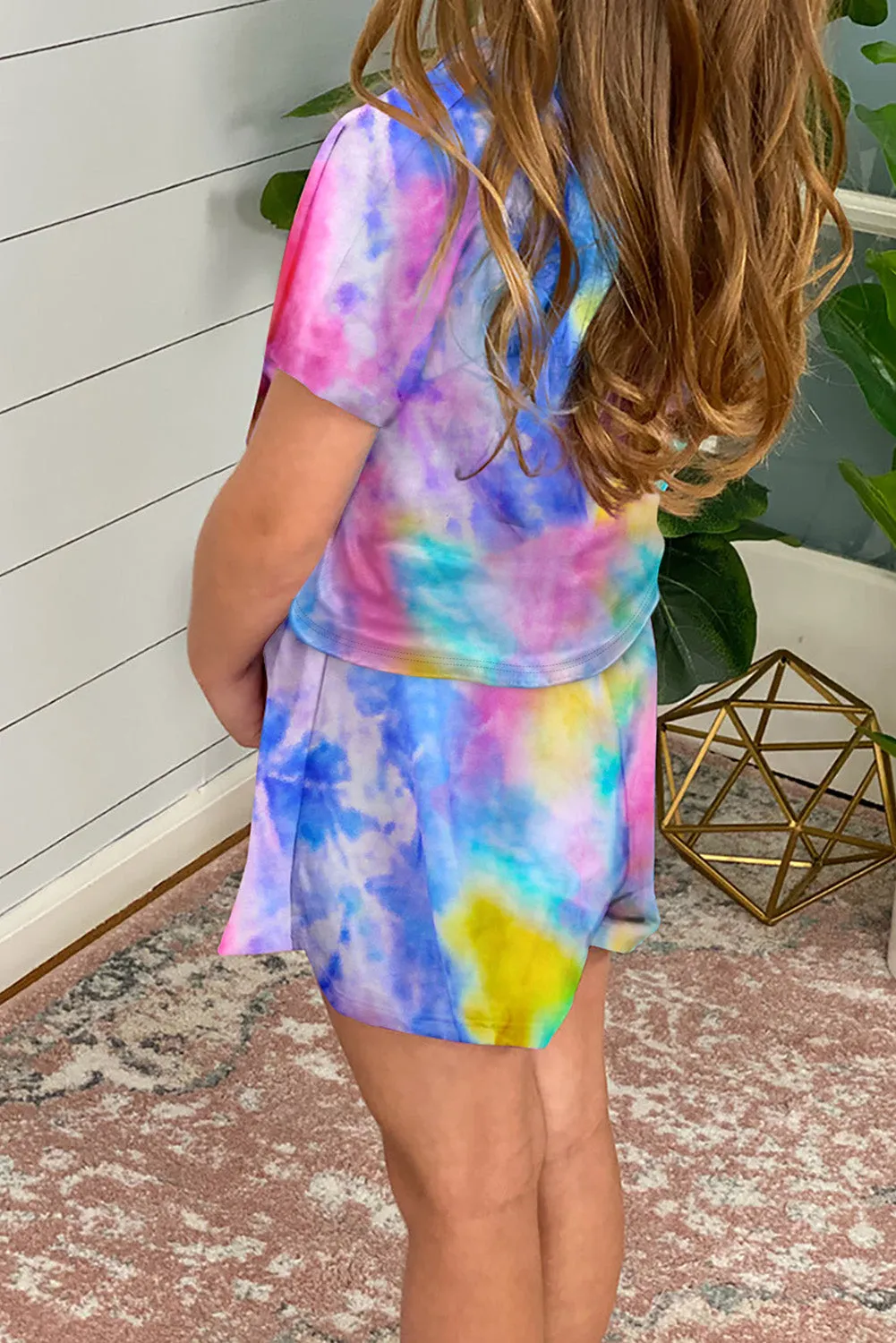 Drawstring Waist Short Sleeve Girls Tie Dye Romper