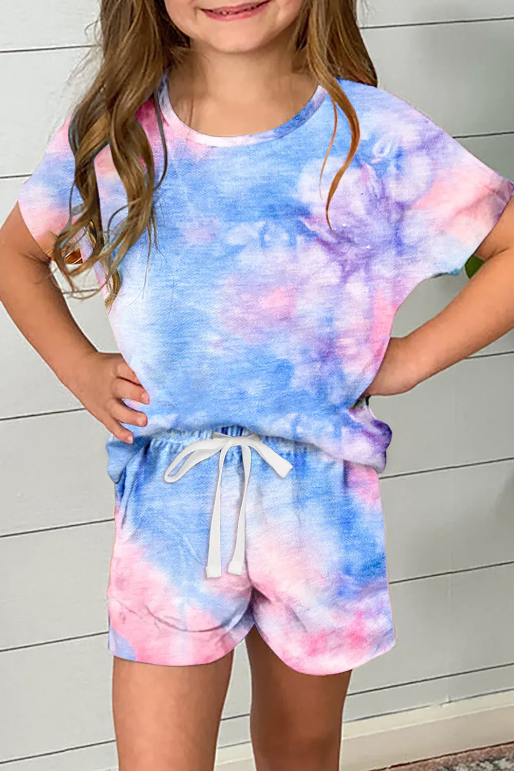 Drawstring Waist Short Sleeve Girls Tie Dye Romper