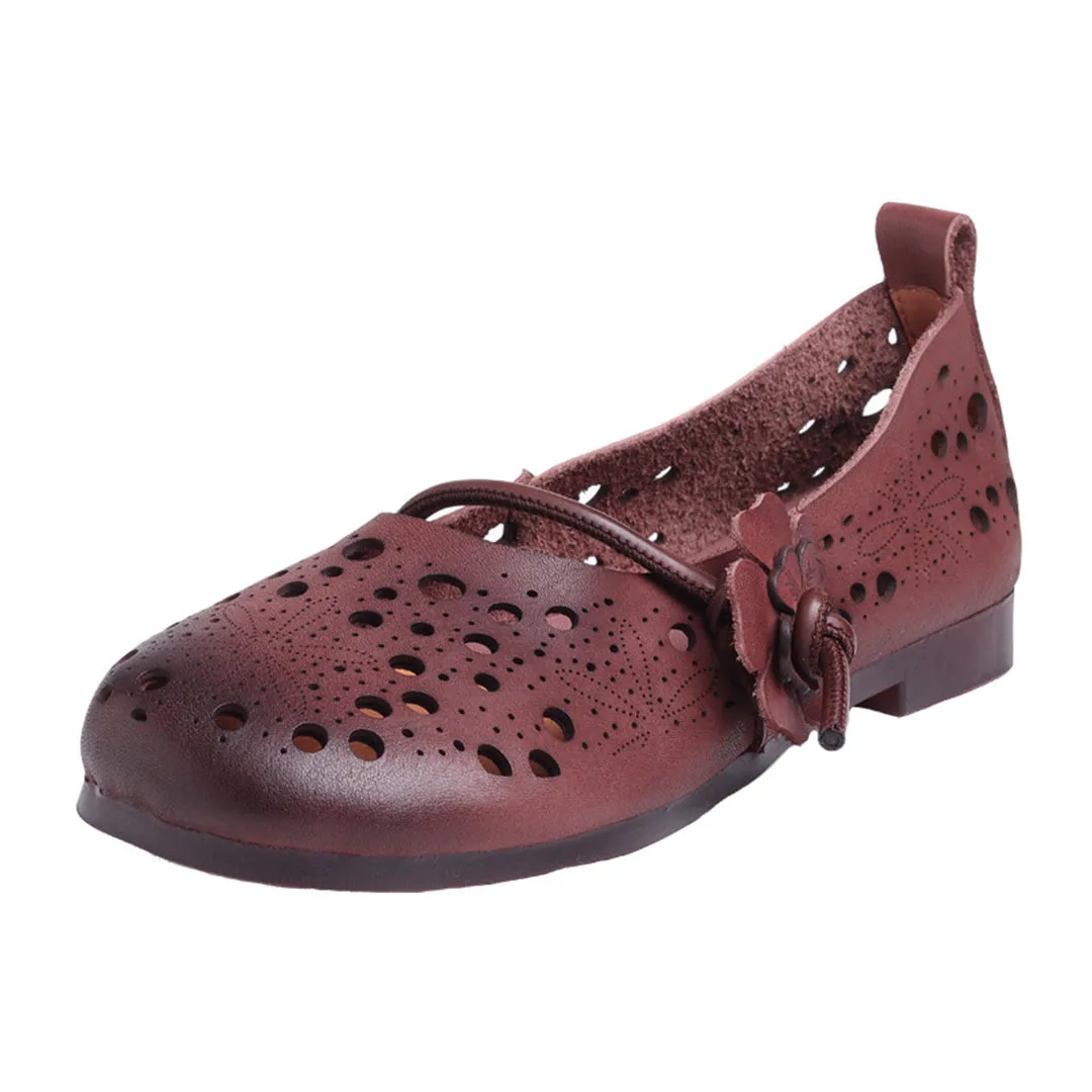 Eyelets Breathable Leather Flower Slip-On Shoes