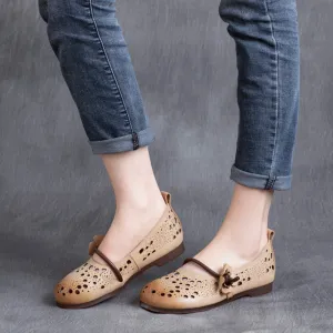 Eyelets Breathable Leather Flower Slip-On Shoes