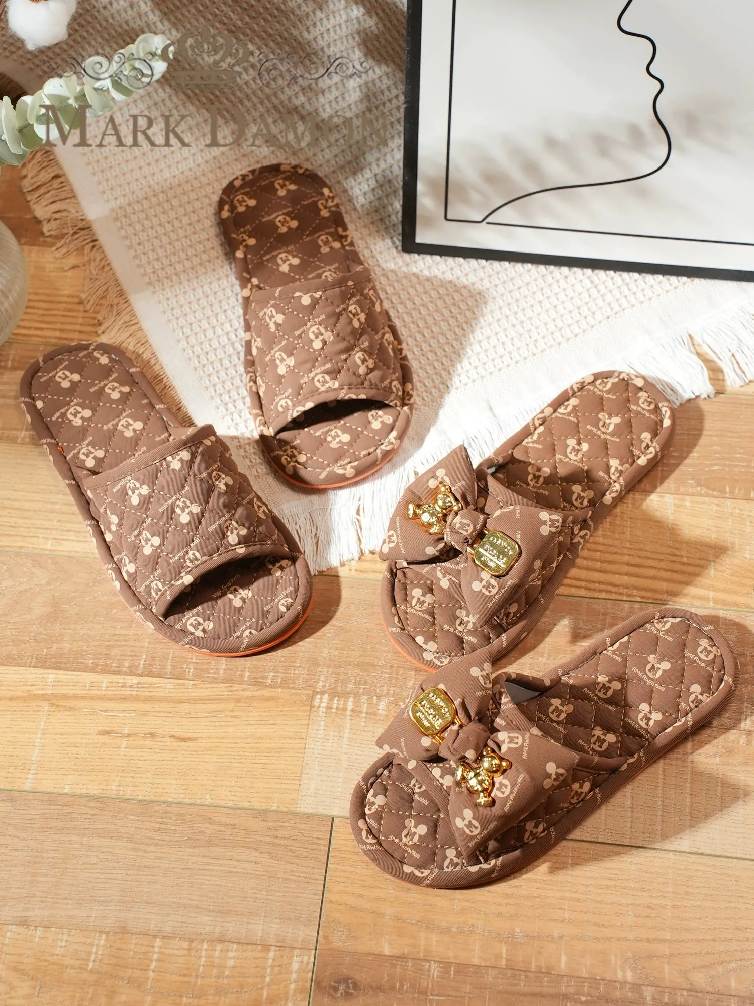 Fabric Craft Mickey Bow Korean Style Non-Slip Silent Soft Bottom Men's and Women's Home Indoor Floor Slippers