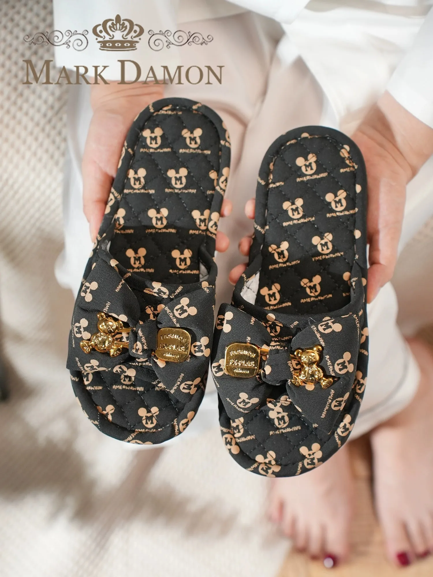 Fabric Craft Mickey Bow Korean Style Non-Slip Silent Soft Bottom Men's and Women's Home Indoor Floor Slippers