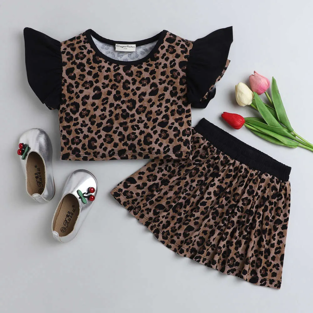 Frilled Animal Print Top Skirt Set