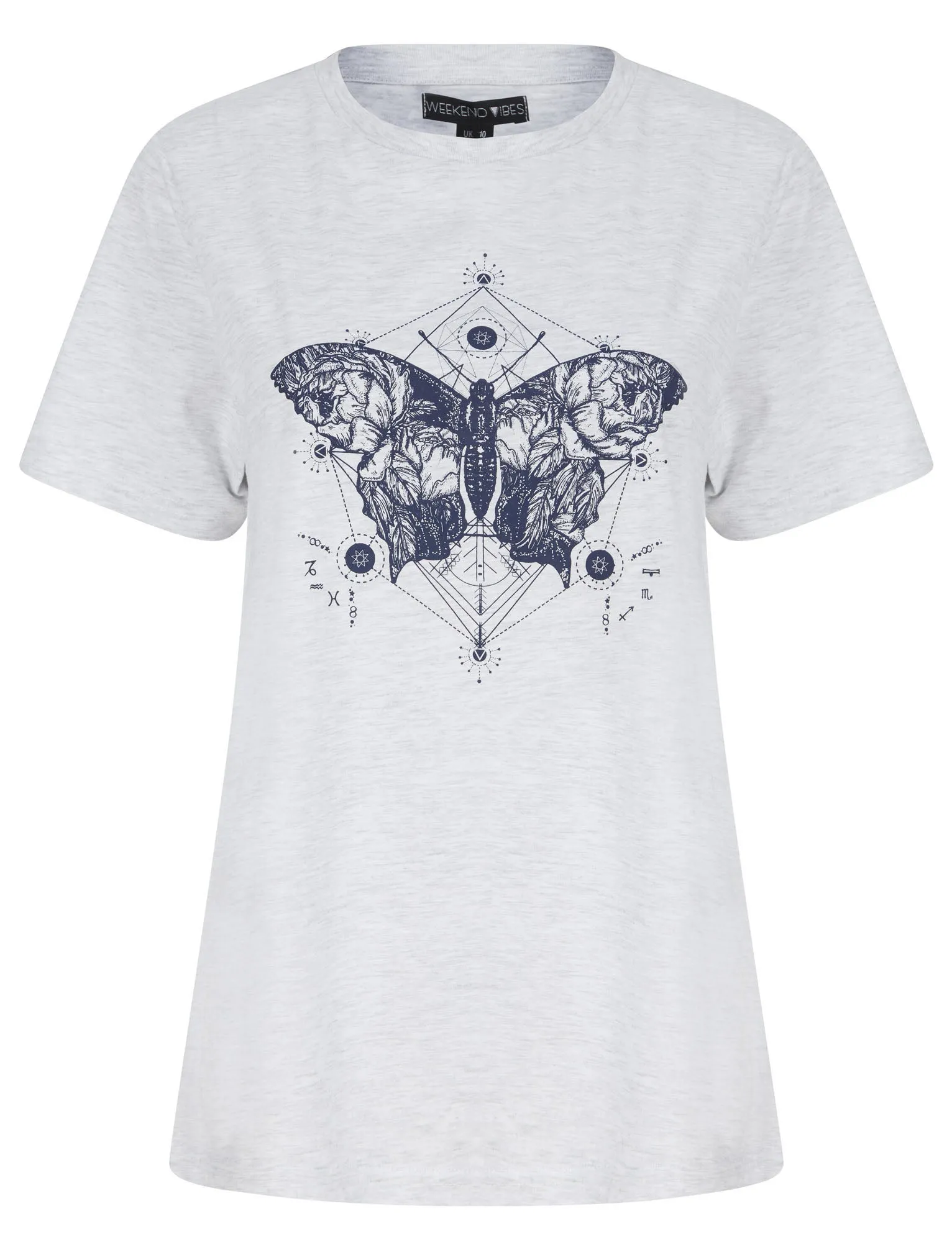 Geo Fly Butterfly Motif Cotton T-Shirt in Ice Grey Marl - Weekend Vibes