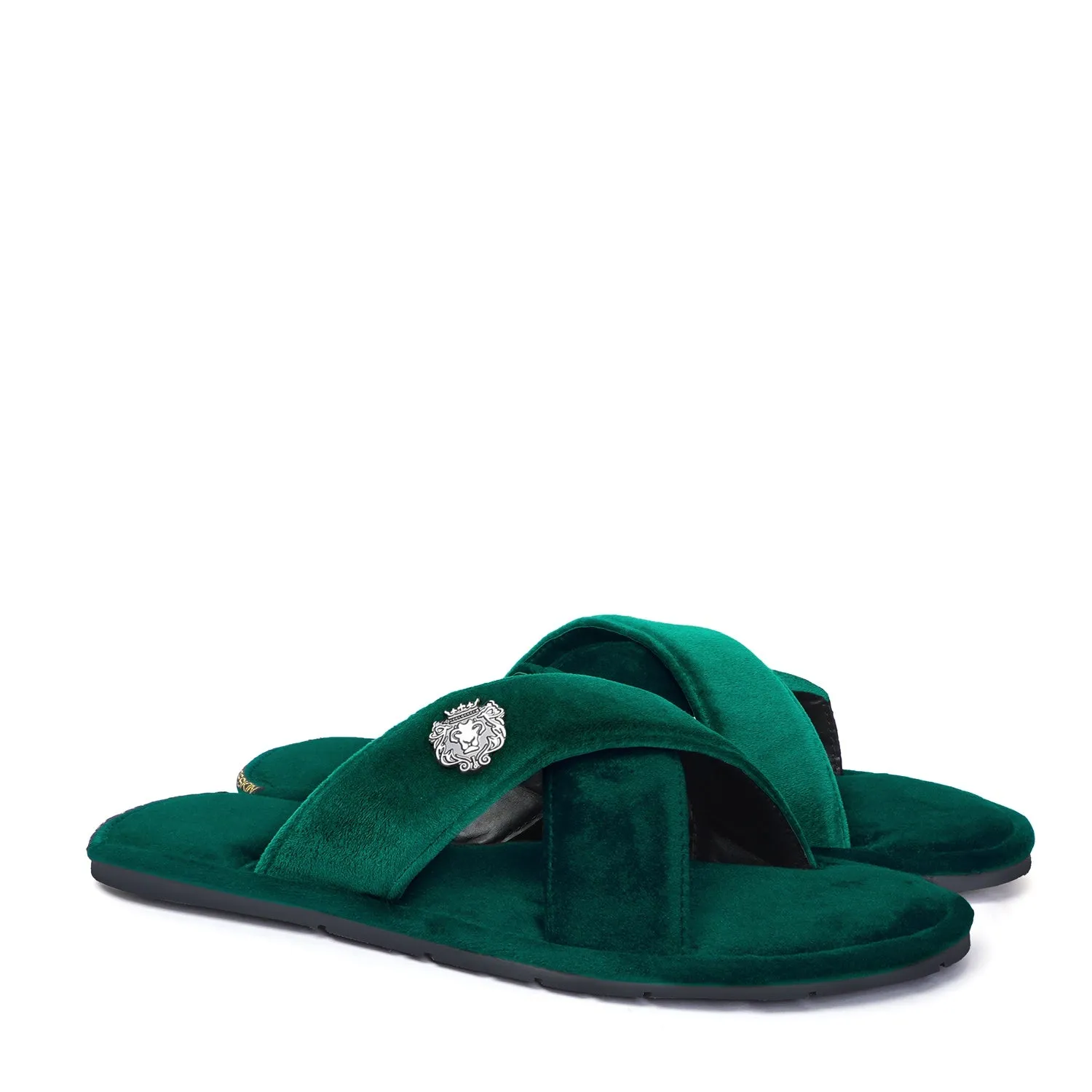 Green Cross Straps Comfy Velvet Slide-in Slippers By Brune & Bareskin