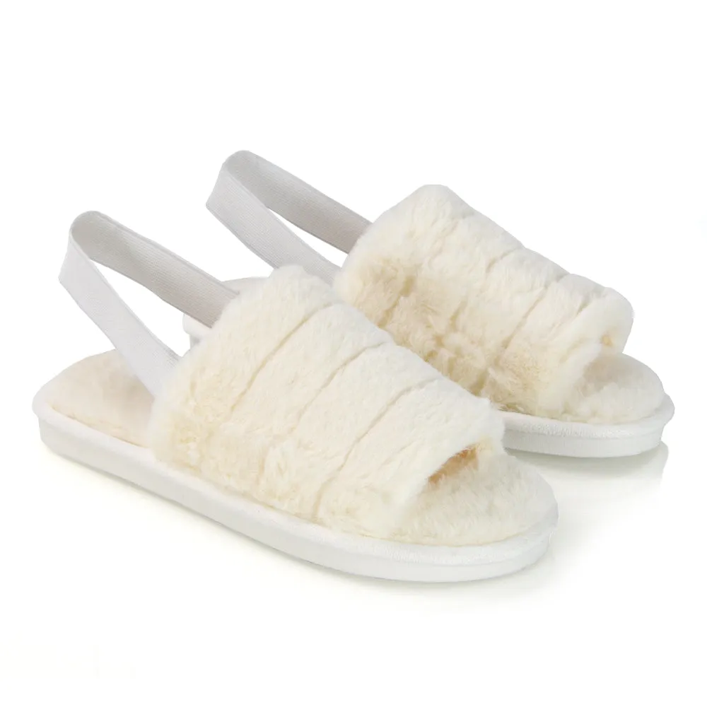 Lana Faux Fur Sling Back Ribbed Strappy Soft Cosy Fluffy Slippers in Nude