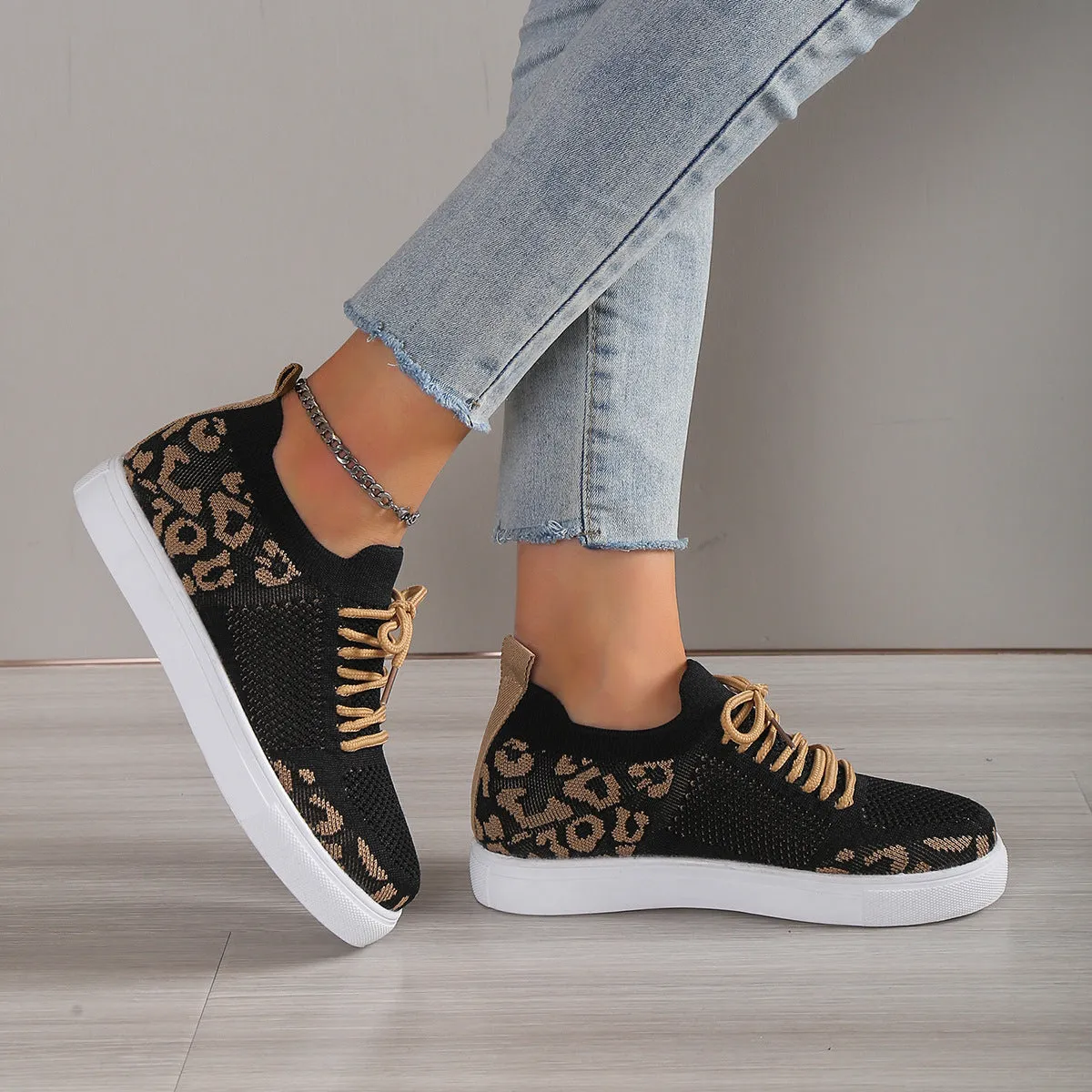 Leopard Knit Sneakers Color Contrasting Slip-on Flats Lace-up Shoes Breathable