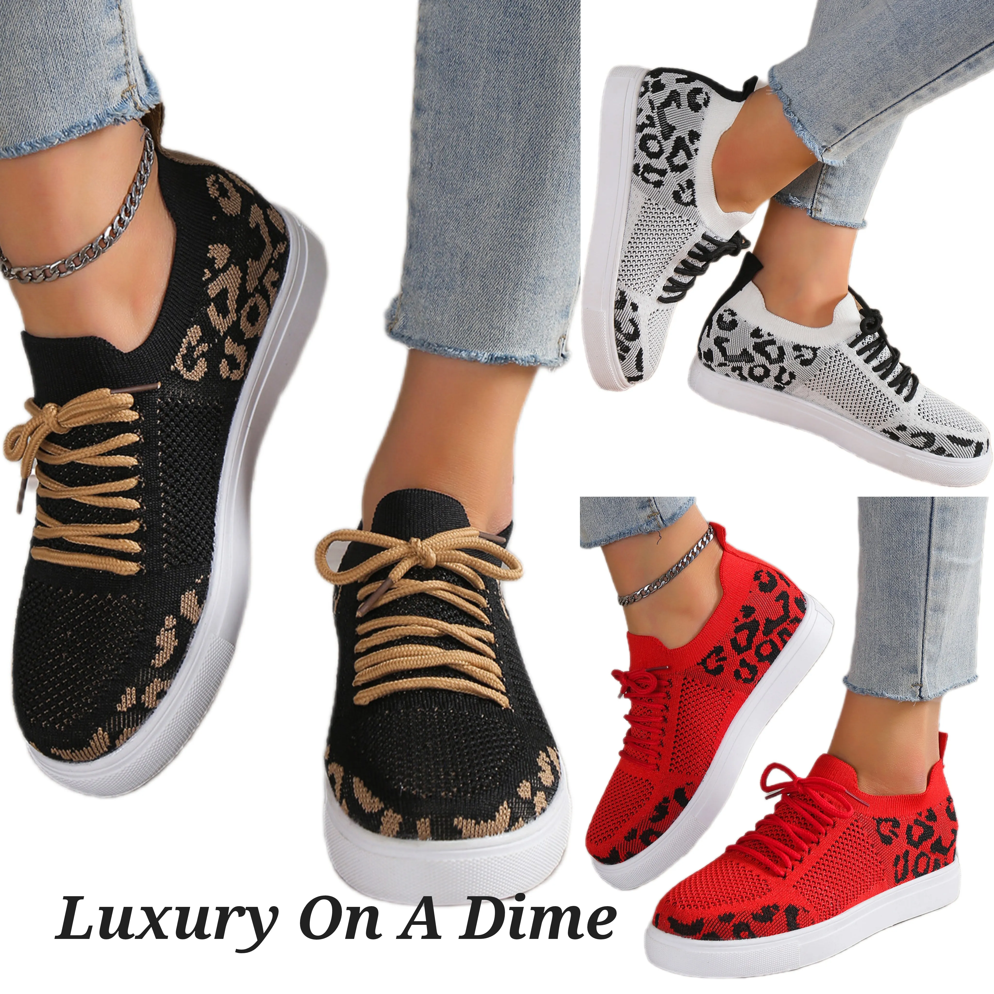 Leopard Knit Sneakers Color Contrasting Slip-on Flats Lace-up Shoes Breathable