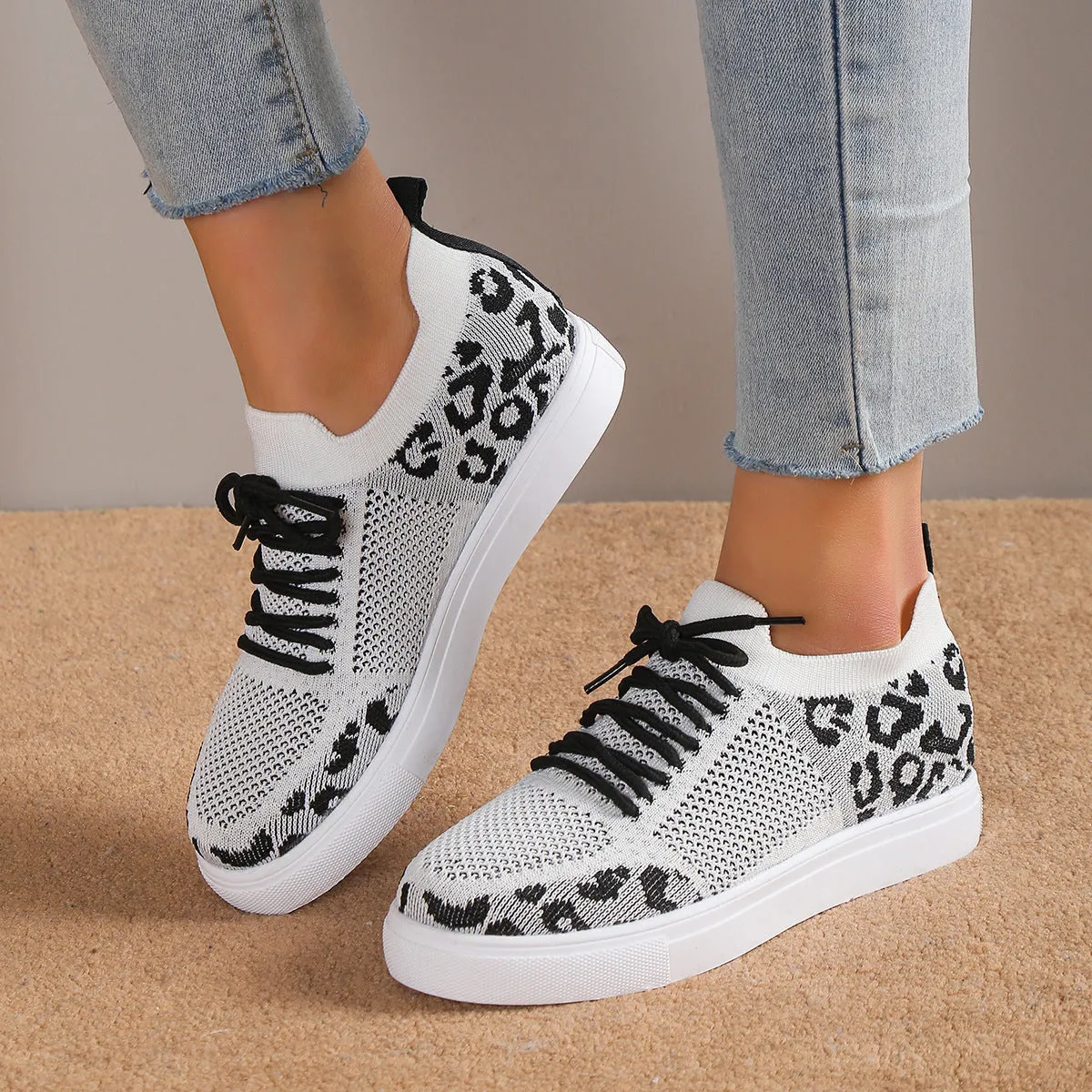 Leopard Knit Sneakers Color Contrasting Slip-on Flats Lace-up Shoes Breathable