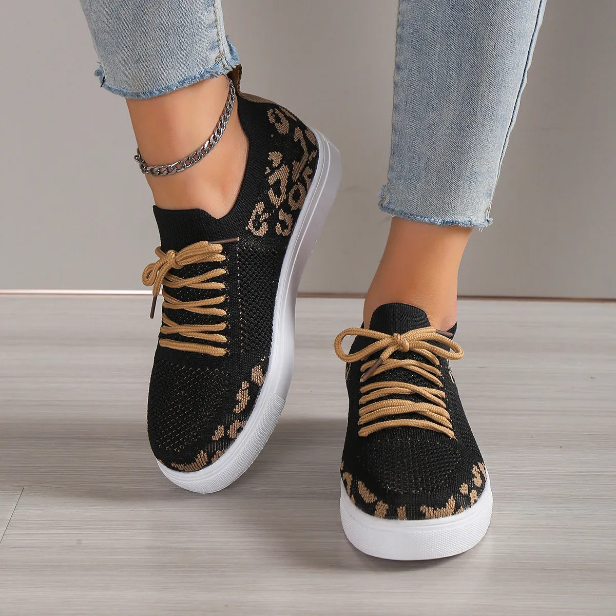 Leopard Knit Sneakers Color Contrasting Slip-on Flats Lace-up Shoes Breathable