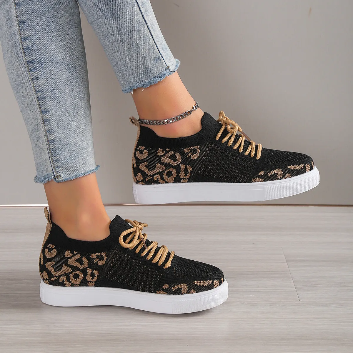 Leopard Knit Sneakers Color Contrasting Slip-on Flats Lace-up Shoes Breathable