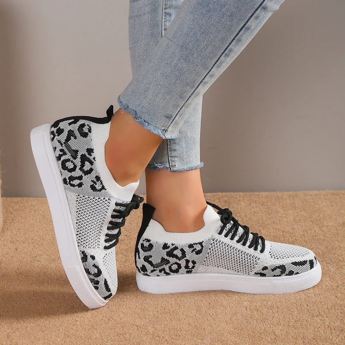 Leopard Knit Sneakers Color Contrasting Slip-on Flats Lace-up Shoes Breathable