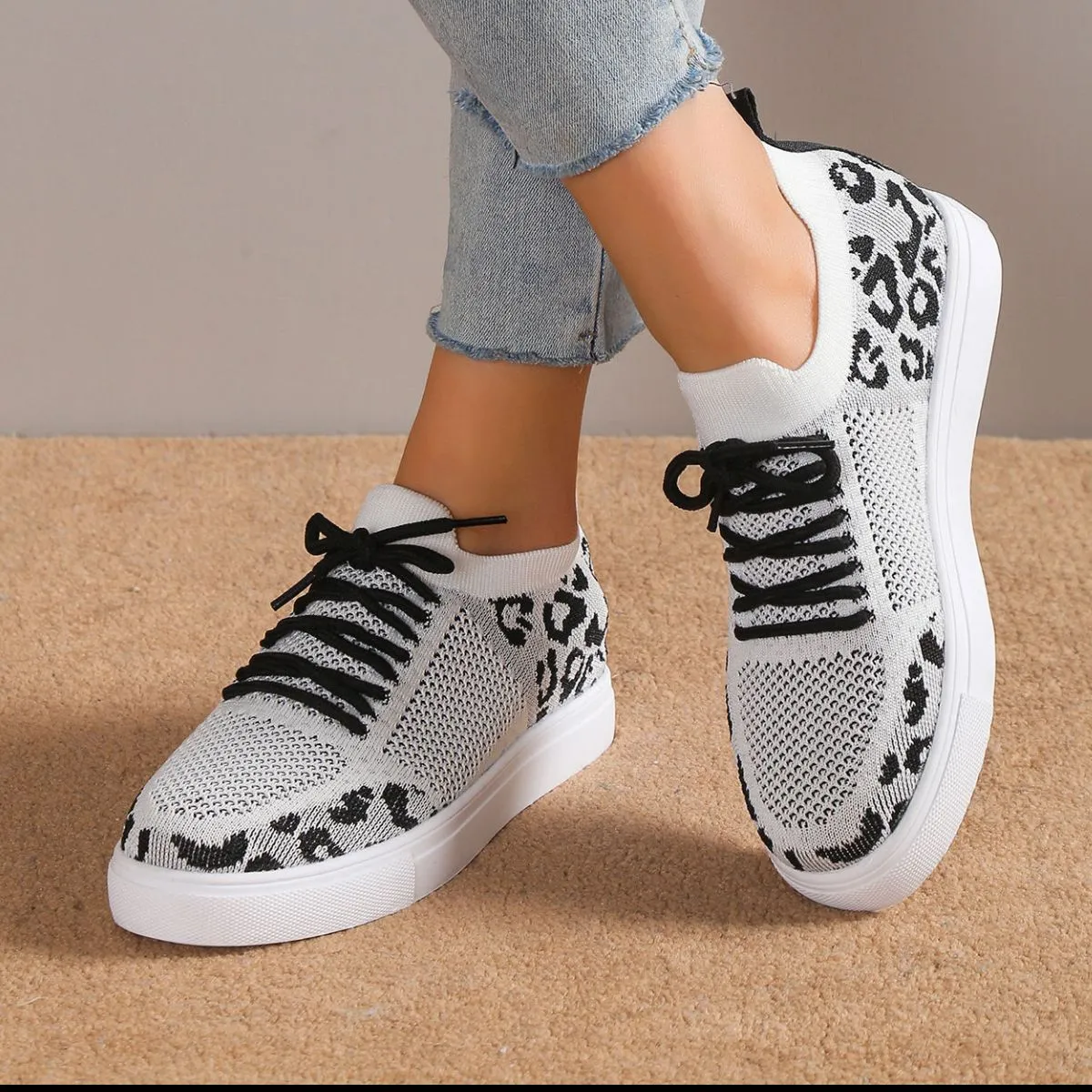 Leopard Knit Sneakers Color Contrasting Slip-on Flats Lace-up Shoes Breathable