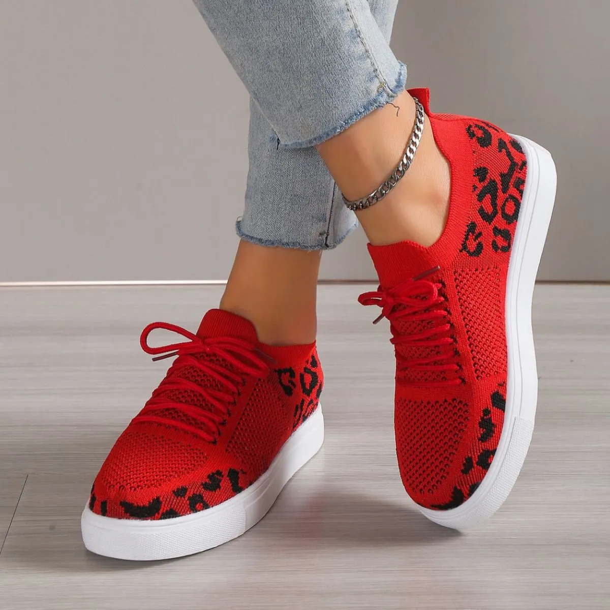 Leopard Knit Sneakers Color Contrasting Slip-on Flats Lace-up Shoes Breathable