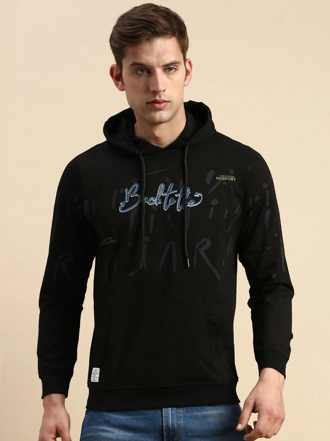 Men Black Printed Casual Hoodie