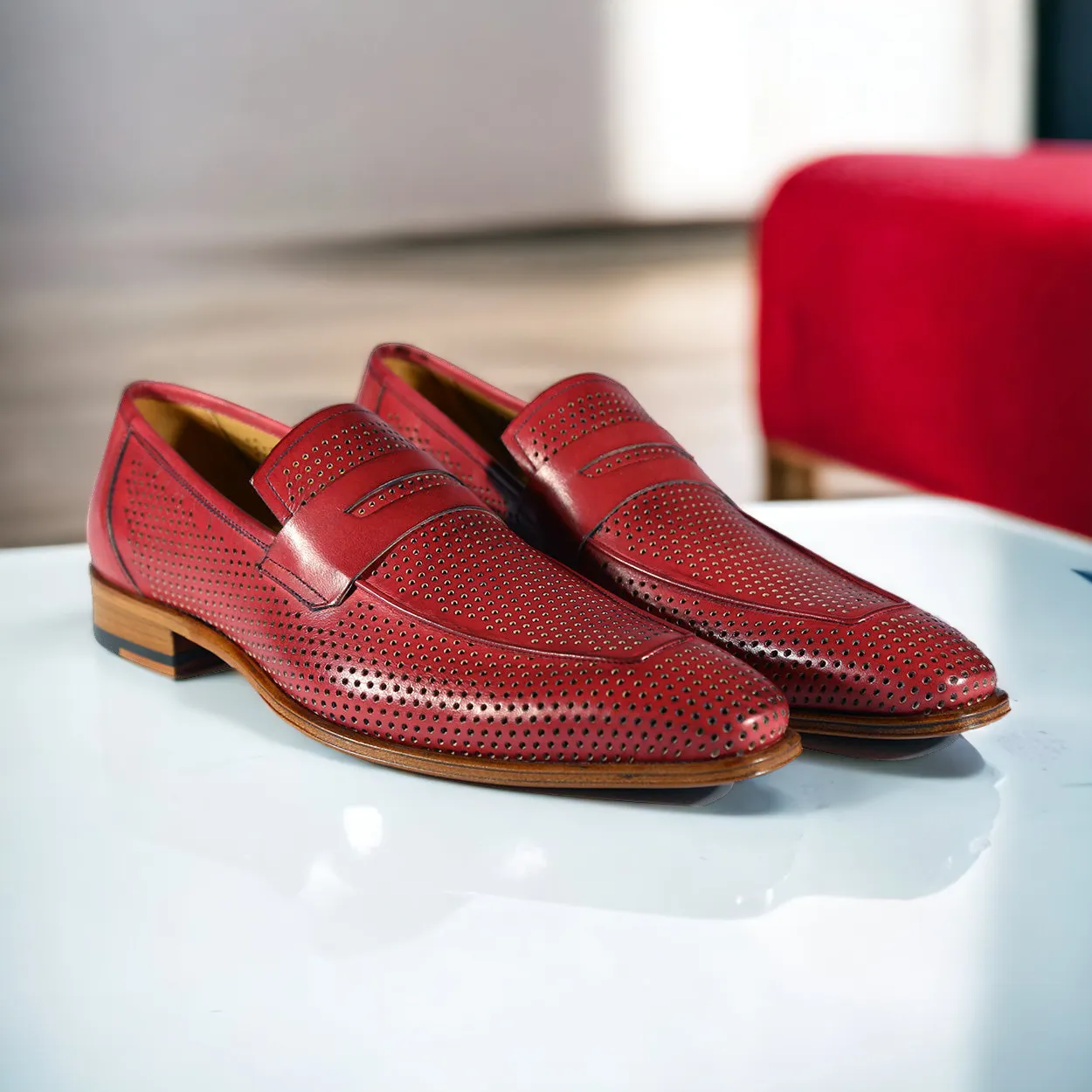 Mezlan S20296 Men's Shoes Burgundy Perforated Leather Classic Penny Loafers (MZS3482)