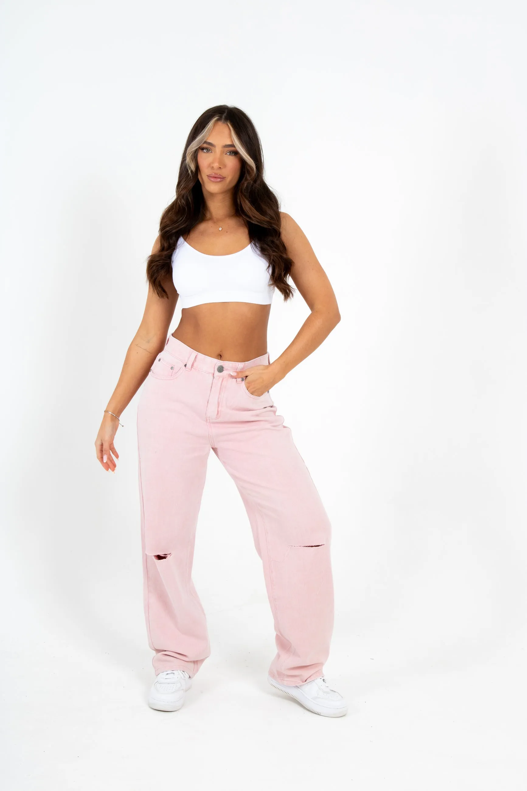 Pink Mid-Rise Boyfriend Fit Jean With Knee Slit