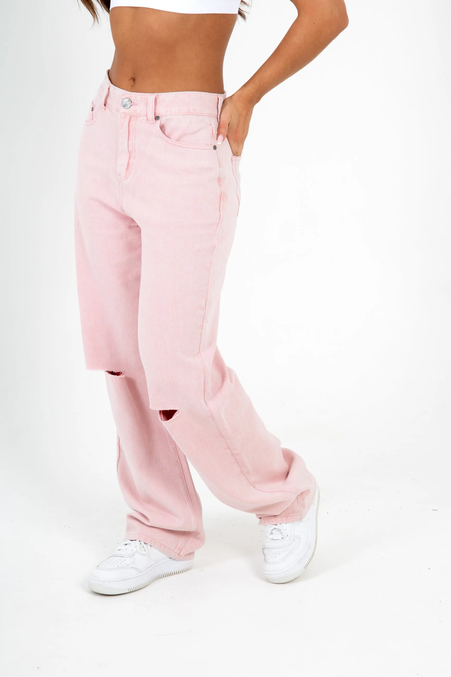 Pink Mid-Rise Boyfriend Fit Jean With Knee Slit