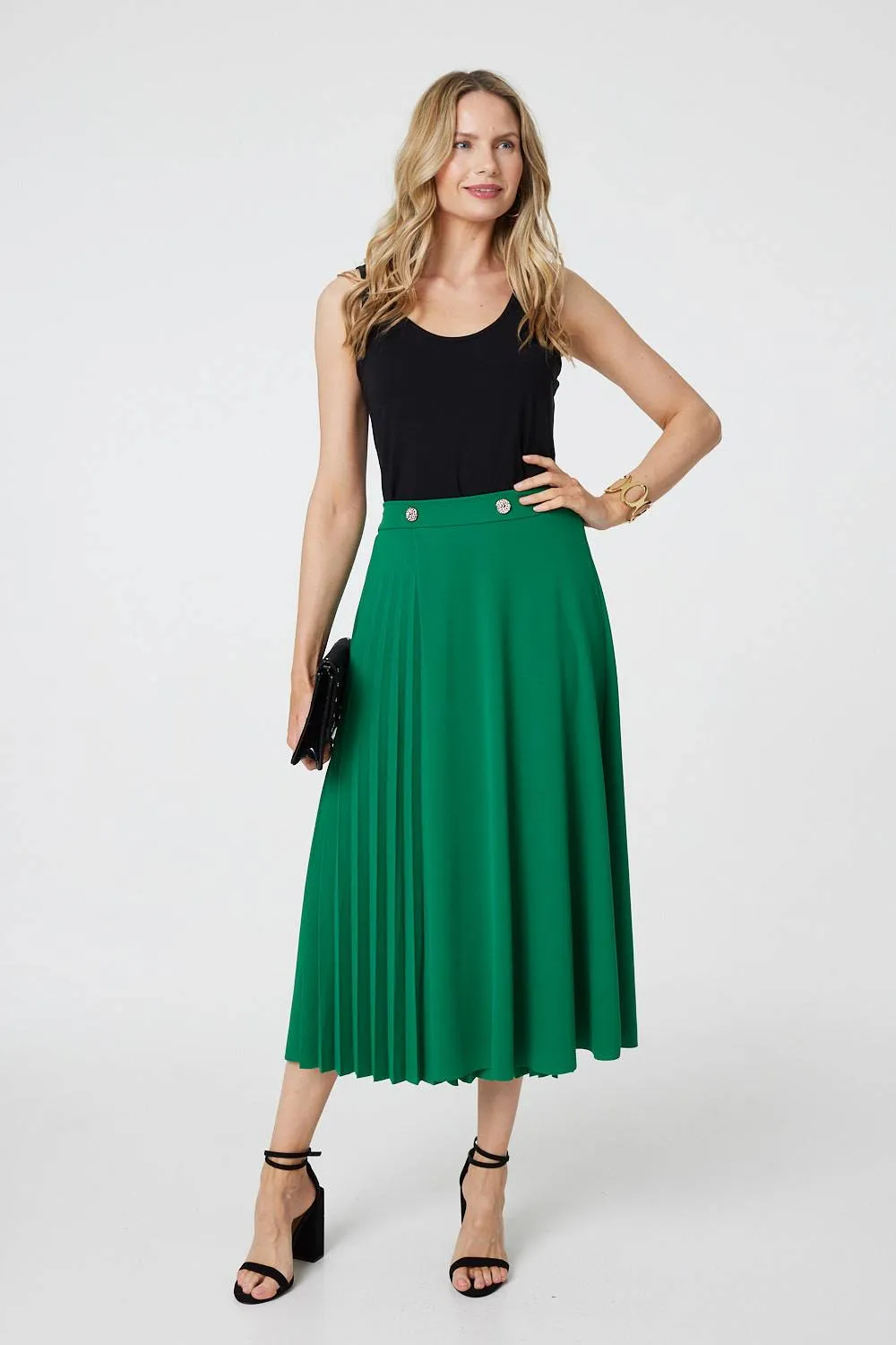 Pleat Detail High Waist A-Line Midi Skirt