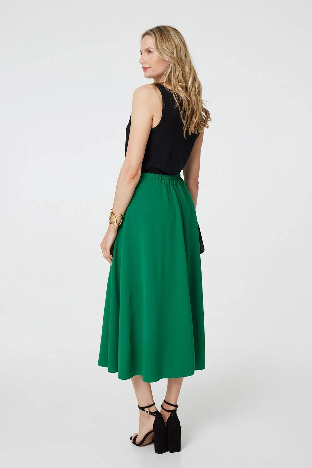 Pleat Detail High Waist A-Line Midi Skirt