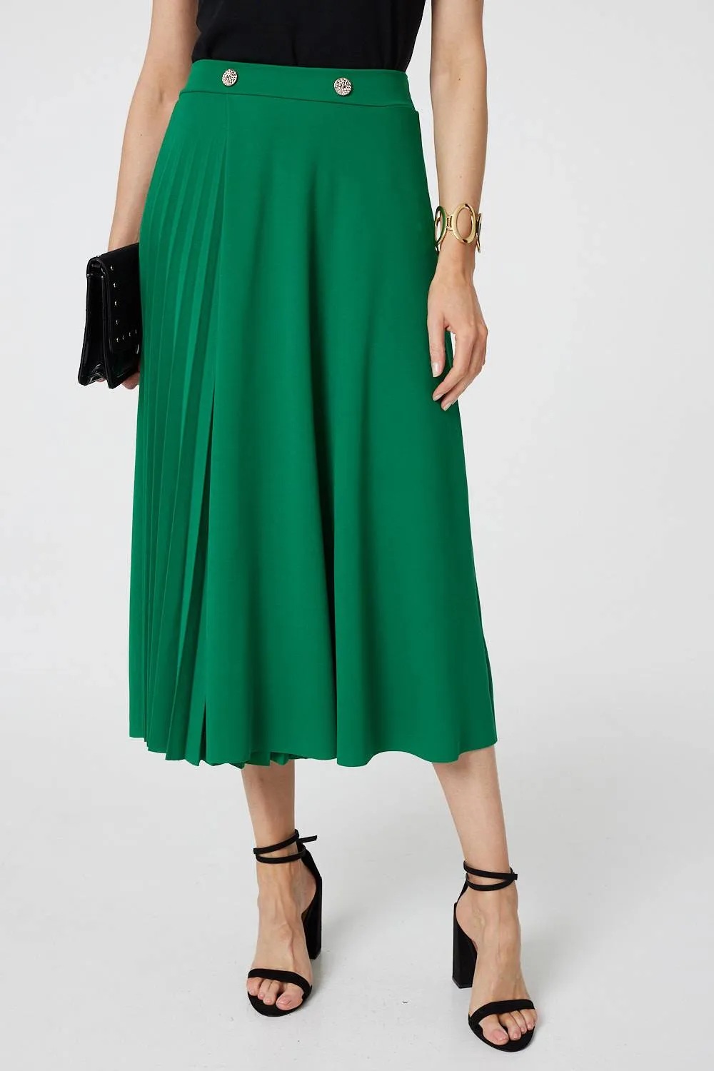 Pleat Detail High Waist A-Line Midi Skirt