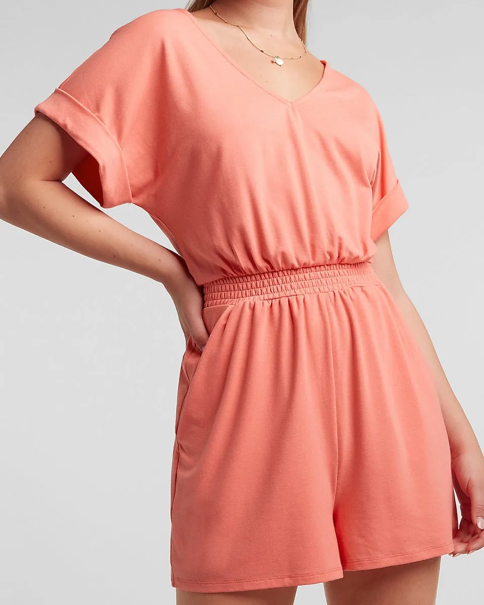 Soft V-Neck Lounge Romper in Coral Peach