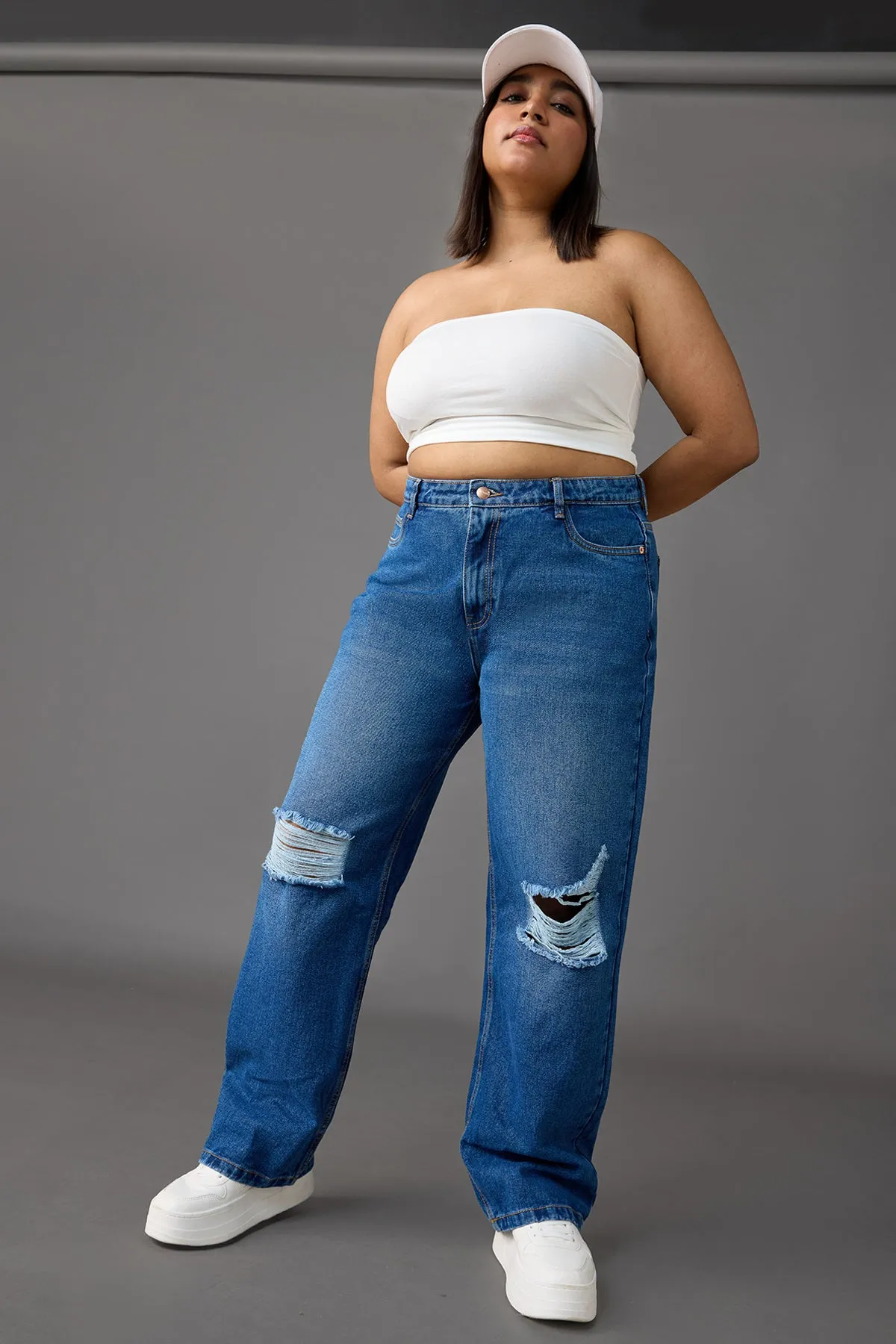 Timeless Knee-Distressed Wide Leg Jeans Curve