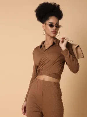 Women Embellished Collared Brown Co-Ord Set