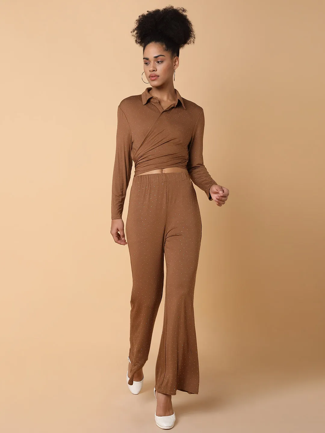 Women Embellished Collared Brown Co-Ord Set