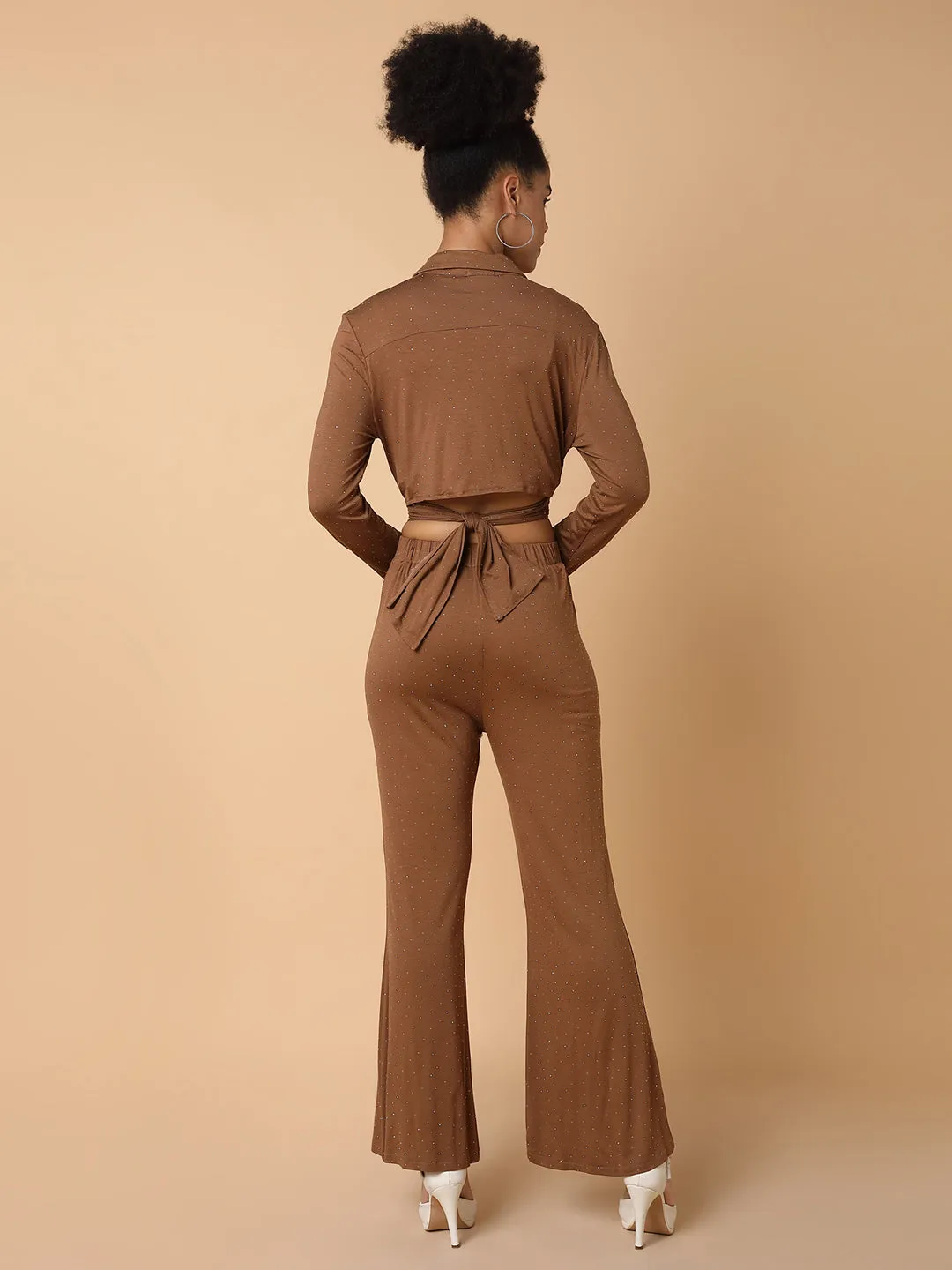 Women Embellished Collared Brown Co-Ord Set