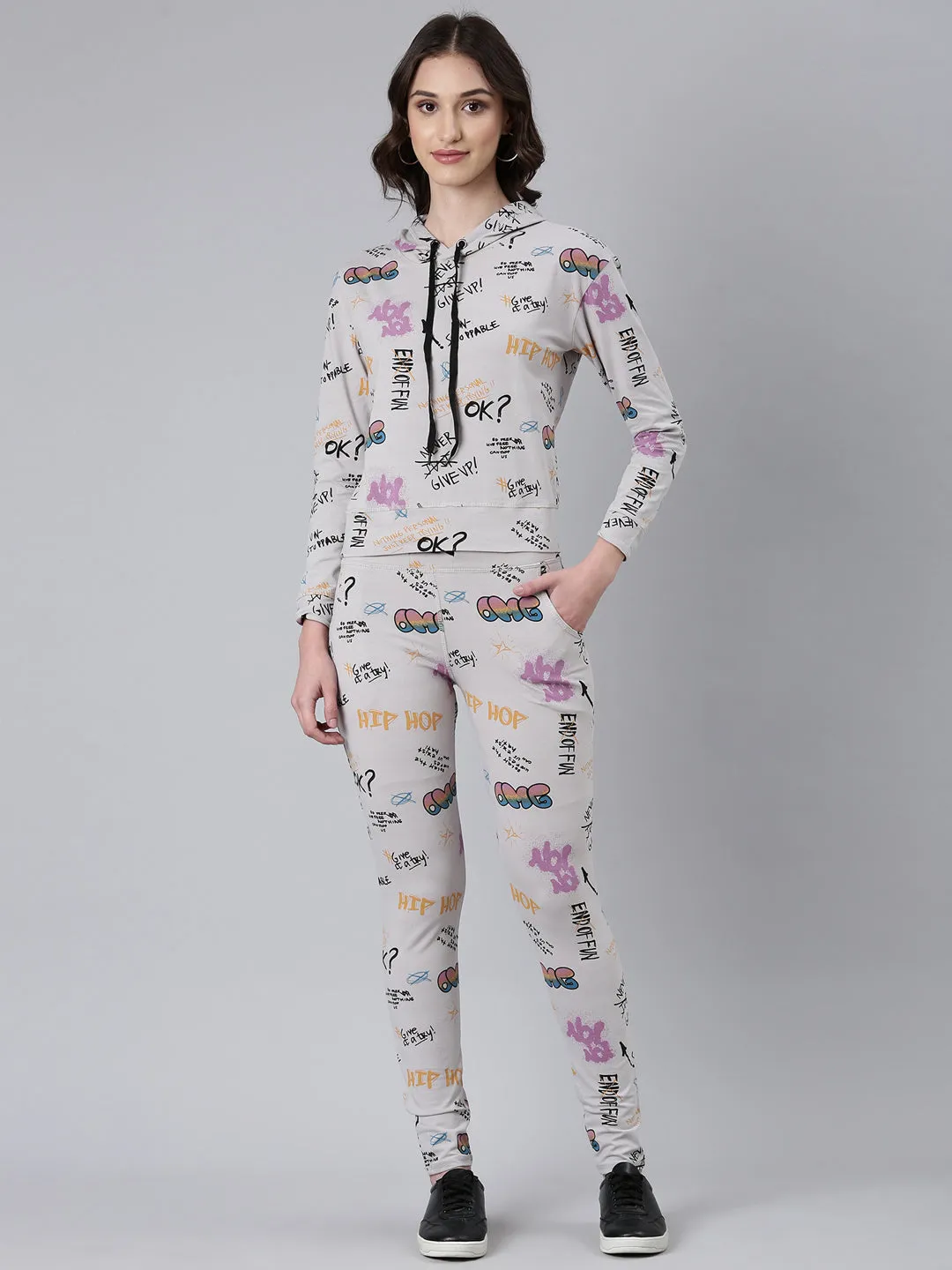 Women Grey Typographic Tracksuit